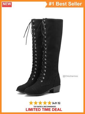 BEAUPAS Knee High Combat Boots Lace Up Riding Boot